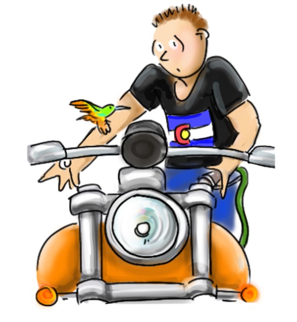 A sketch of a person riding a motorcycle looking at a bird that lands on the handlebar