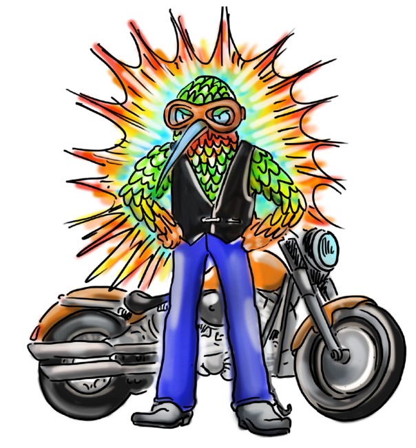 A sketch of a human that looks like a bird standing in front of a motorcycle